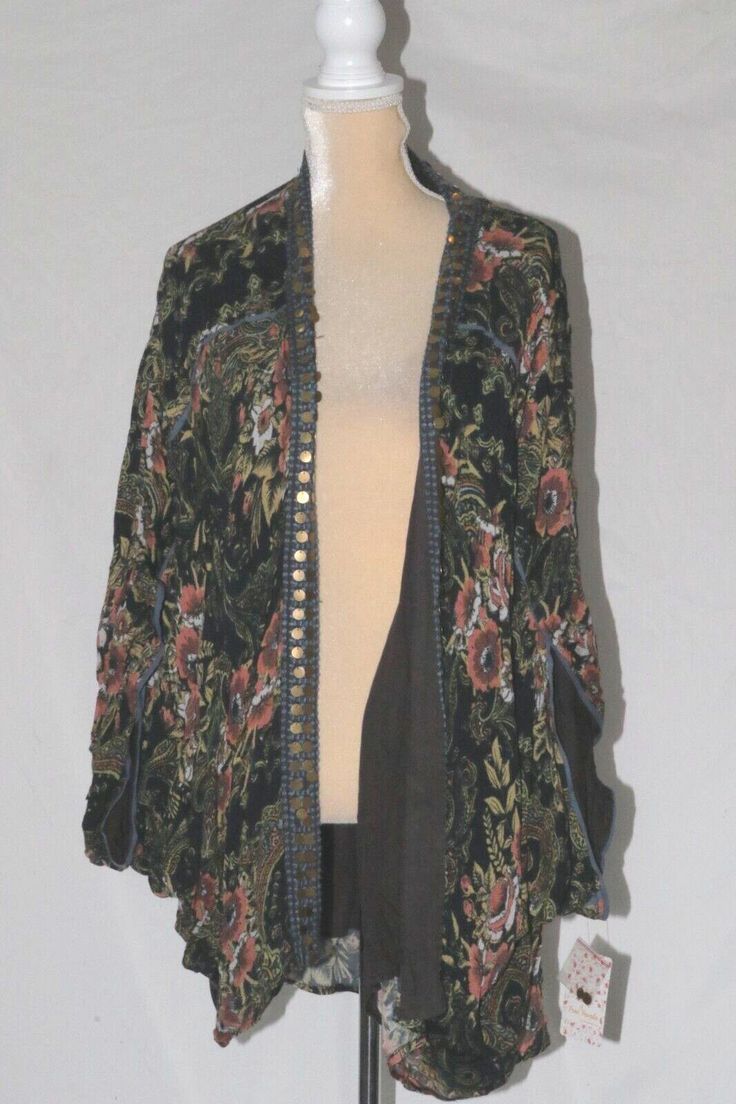 Sleeve Type: Mid Neckline: V Pattern: Floral Lining: Rayon Closure: None Features: Embelishments  Accents: N/A Size: 1SZ Color: Multicolor Armpit to Armpit: 33 inches Length: 34 inches Fabric: 100% Rayon CL 183.23 Bohemian One-size Long Sleeve Outerwear, Bohemian Long Sleeve Outerwear For Larp, Bohemian One-size Long-sleeve Outerwear, Oversized Bohemian Floral Print Outerwear, Free People Coats & Jackets, Drape Jacket, Vest Jacket, Free People, Types Of Sleeves