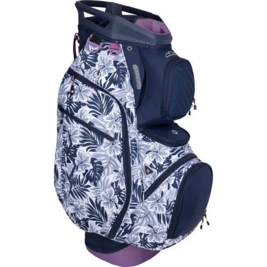 the back side of a golf bag with flowers on it and purple trimmings