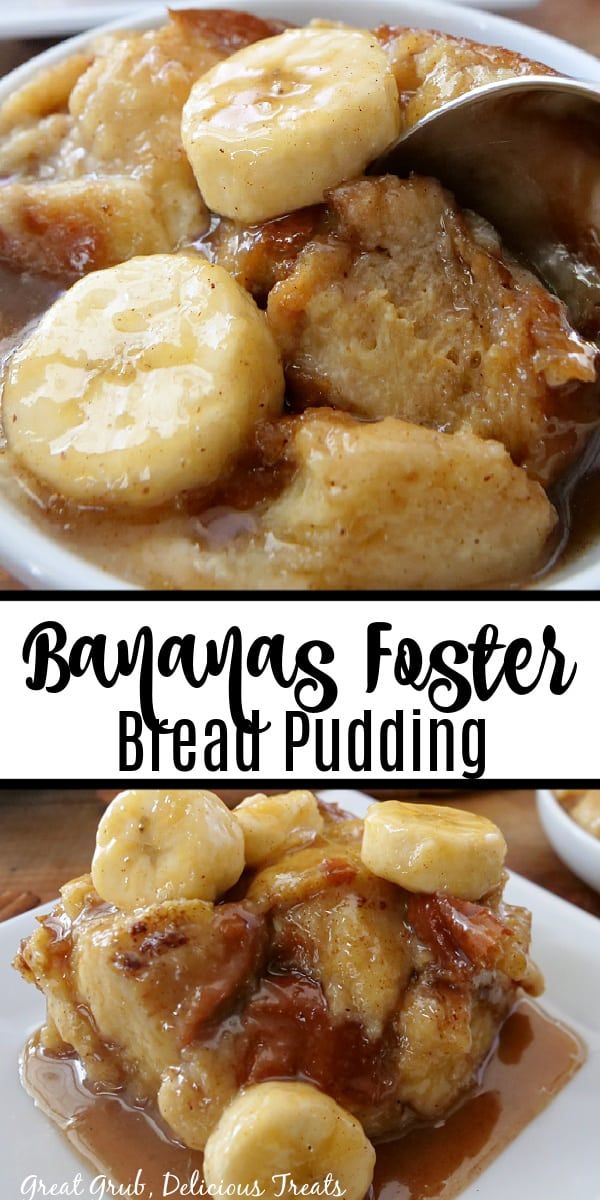 banana fosterer bread pudding in a white bowl