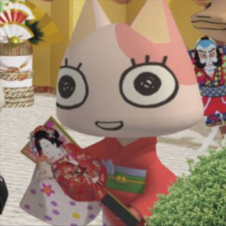 an animated image of a woman in kimonos and geisha dolls standing next to each other