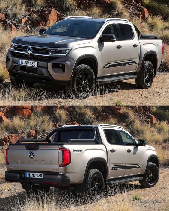 two pictures of the same truck in different positions, one is silver and the other is black