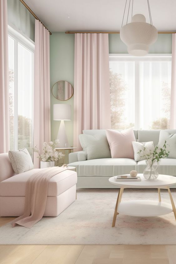 a living room filled with furniture and pink curtains