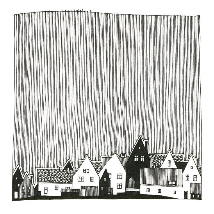 a black and white drawing of houses in the rain