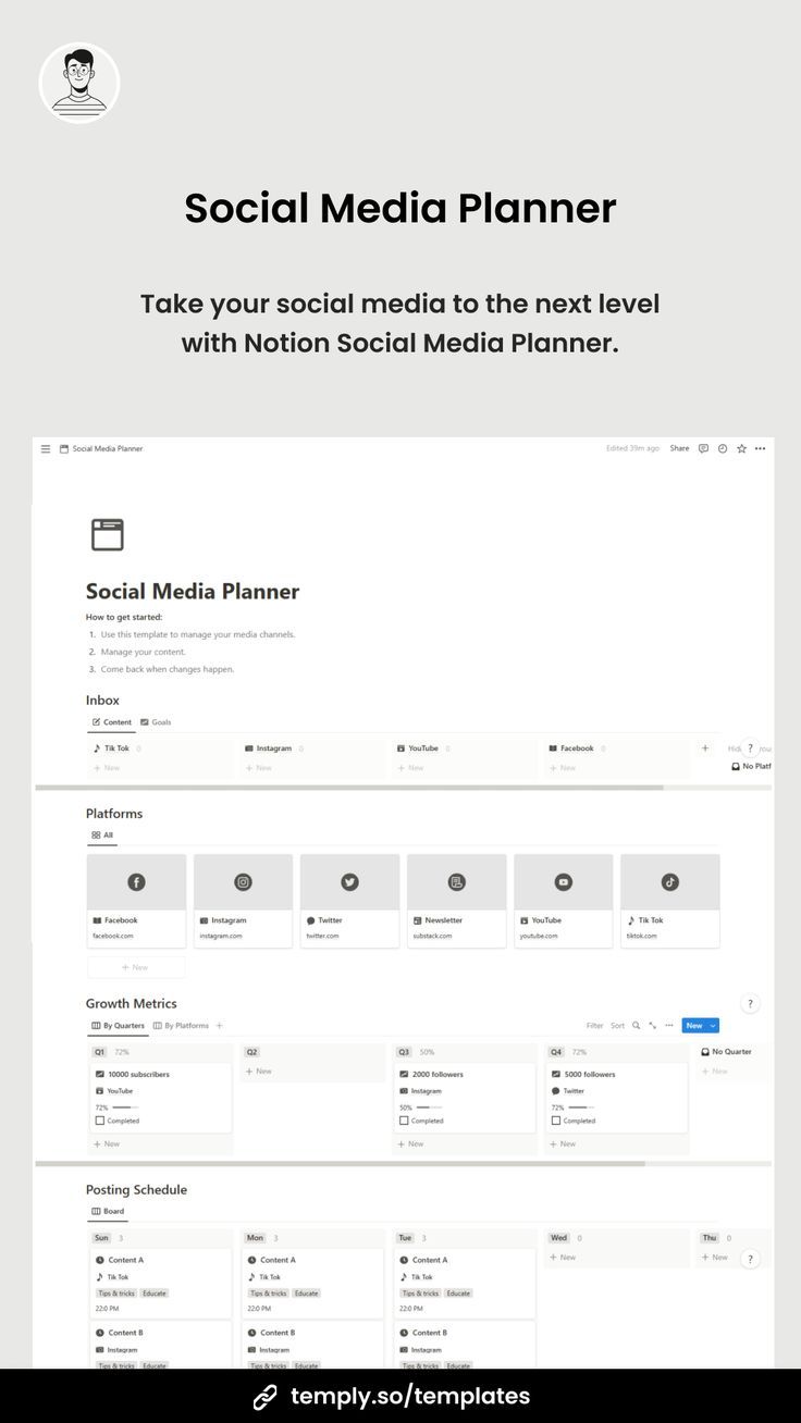 Everything you need to plan your social media content. Social Media Content Planner Notion, Social Media Content Planner Template Free, Notion Template Social Media Manager, Social Media Notion Template, Notion Social Media Planning, Social Media Manager Template, Notion Social Media Template, Notion Schedule, Community Manager Aesthetic