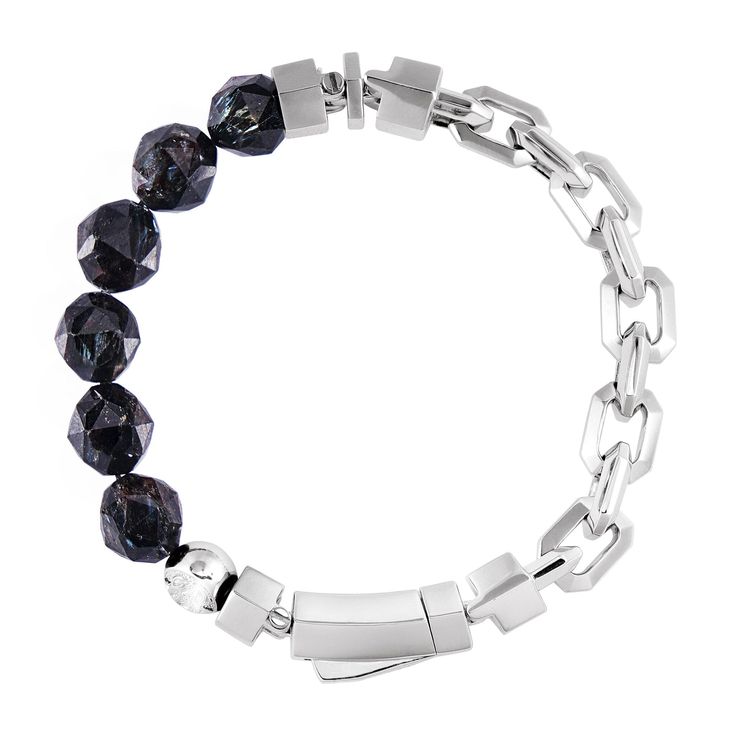 This AWNL exclusive features a sterling silver half-chain with rare 3 billion year old nuummite gemstone beads (star cut, 84 faceted), engraved antler charms and a firm duck tongue lock clasp. Enhance your inner charm, protect from negative energies and elevate your style with this one-of-a-kind bracelet. Make it yours or give it as a meaningful gift. Luxury Sterling Silver Beaded Bracelets, Luxury Silver Jewelry With Gemstone Beads, Luxury Sterling Silver Round Bead Bracelets, Luxury Faceted Bracelet Jewelry, Modern Silver Bracelets With Gemstone Beads, Modern Silver Jewelry With Gemstone Beads, Luxury Silver Jewelry With Polished Beads, Luxury Silver Bracelets With Gemstone Beads, Luxury Beaded Bracelets With Faceted Beads