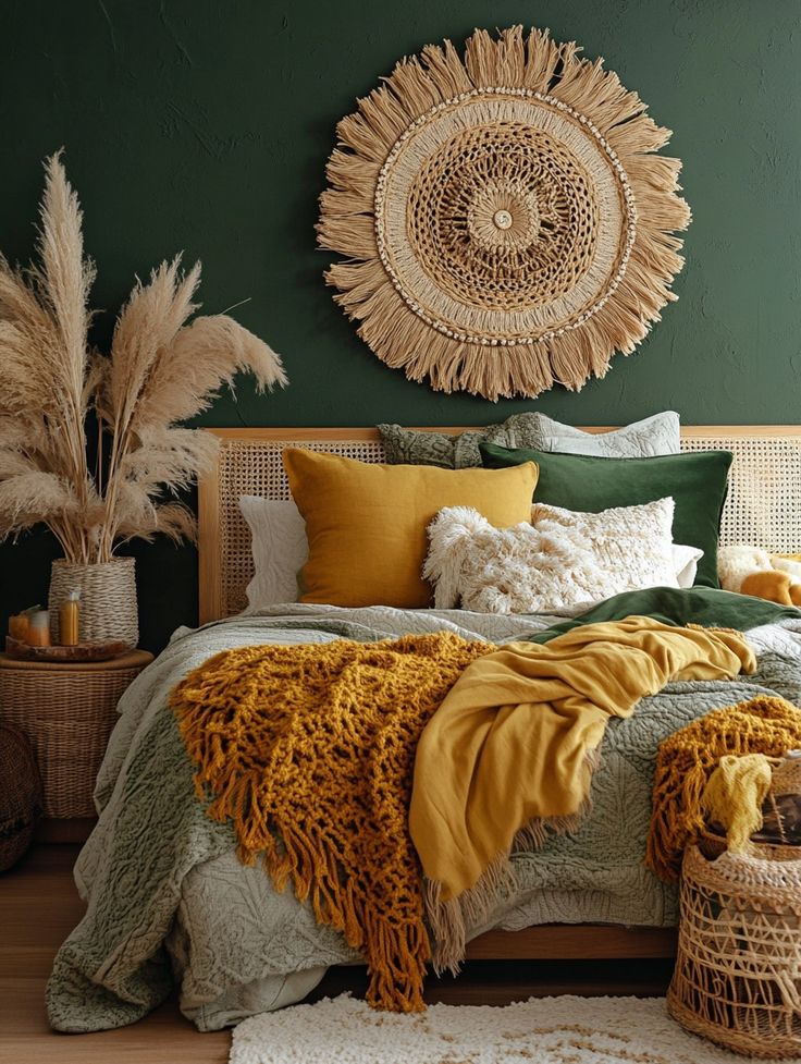 a bedroom with green walls and yellow blankets on the bed, rugs and pillows