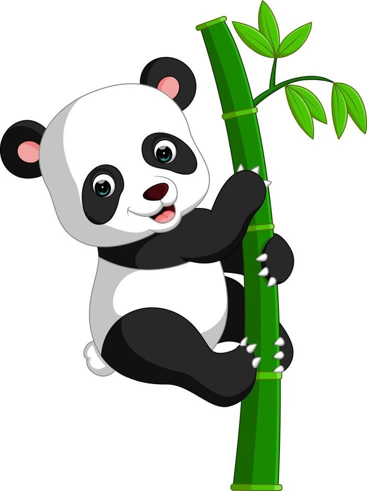 a cute panda climbing up the bamboo tree