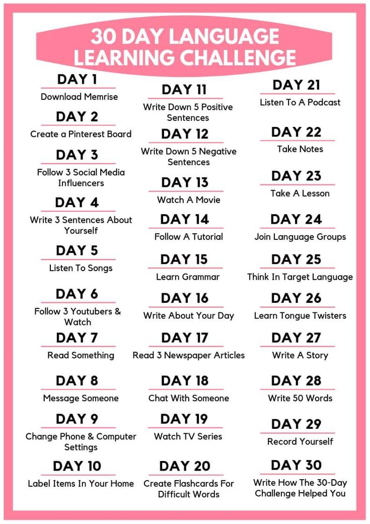 the 30 day language learning challenge is shown in pink and white with words on it