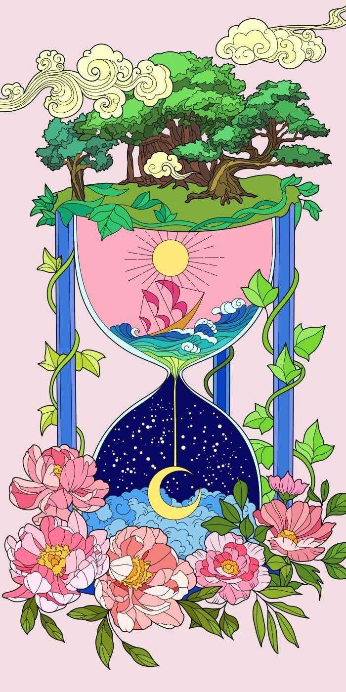 an hourglass with flowers and trees on it in the middle of a pink background