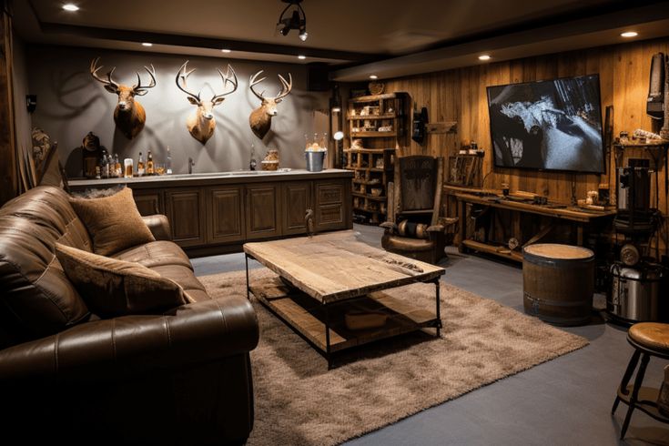 a living room filled with furniture and deer heads on the wall