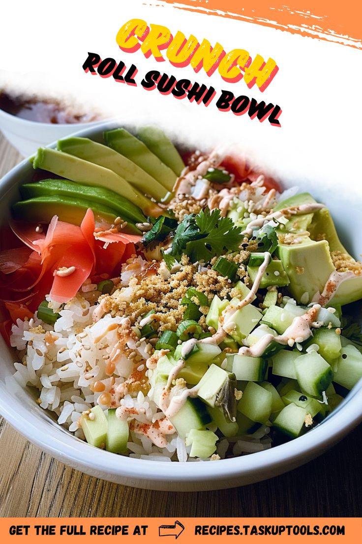 a bowl filled with rice, cucumber and other vegetables