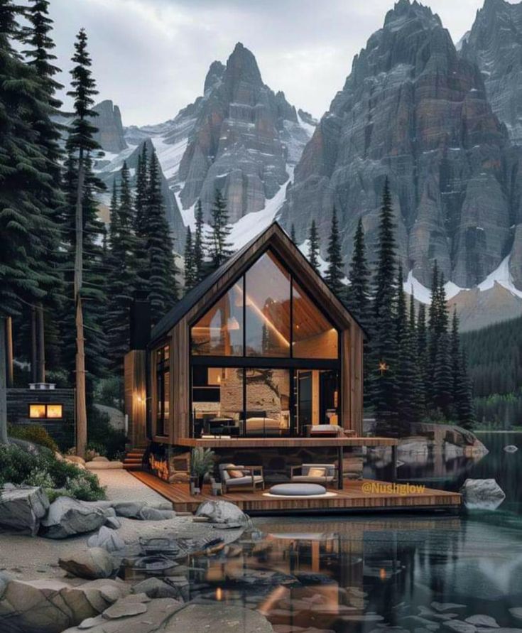 the cabin is surrounded by mountains and trees