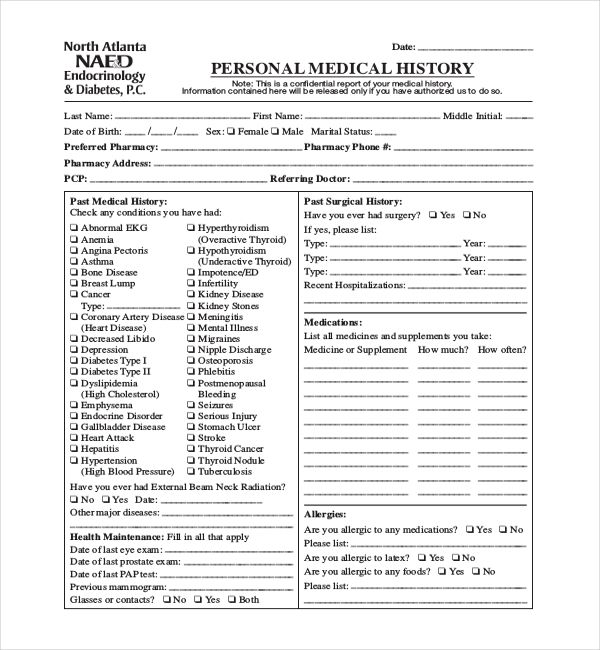 the medical history form is shown