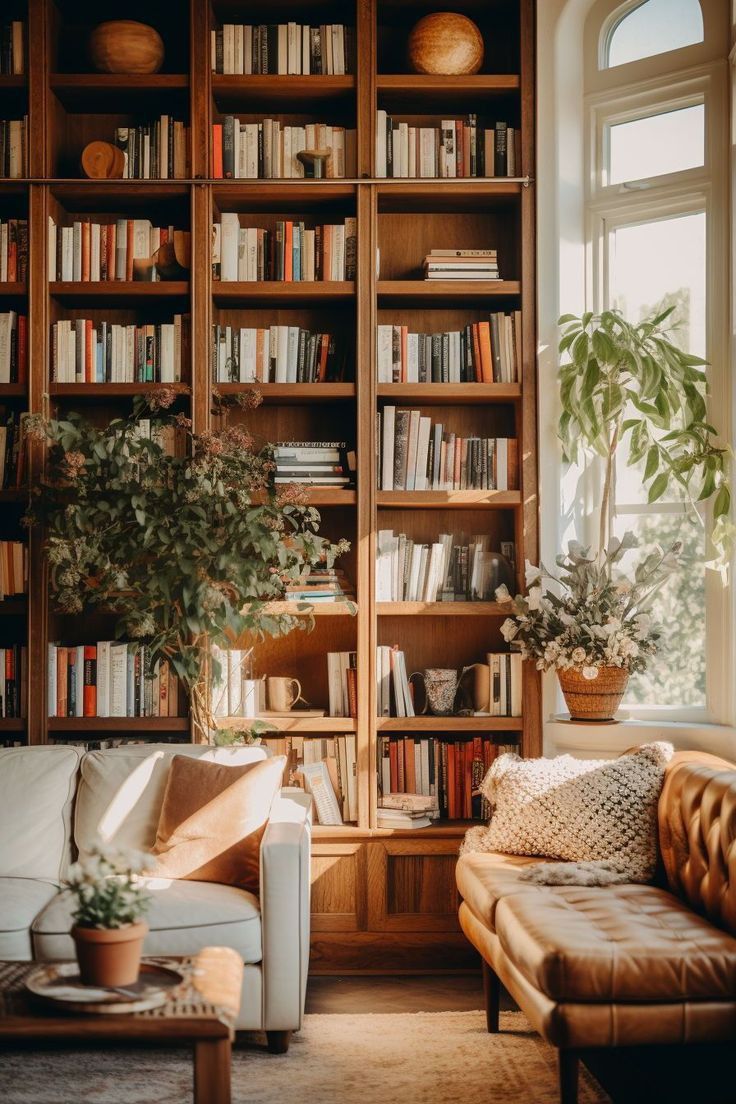 a living room filled with lots of bookshelves next to a couch and table