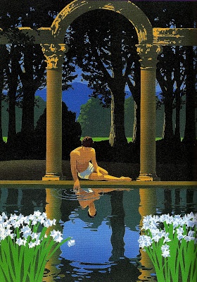 a painting of a woman sitting on the edge of a pool surrounded by trees and flowers