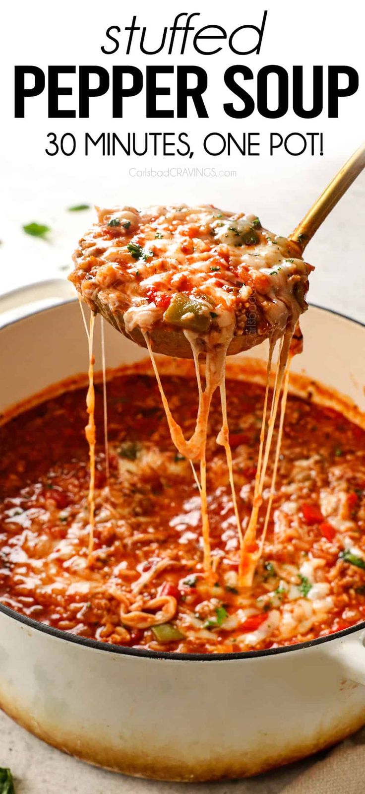 a ladle full of stuffed pepper soup being lifted from a pot with the title above it