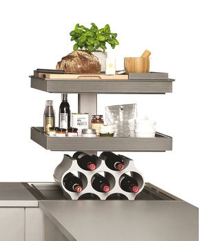 three tiered shelving unit with wine bottles on the bottom and two shelves above it