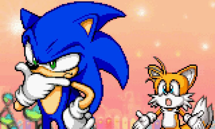 the sonic and tails characters are standing next to each other