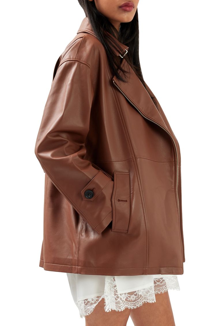 Add a sleek, chic touch to your look in this buttery jacket, cinched with a belt and made from glossy leather. 28 1/2" length Asymmetric front zip closure Notched lapels Side welt pockets Lined Leather Professional leather clean Imported Sleek Chic, Maternity Coat, Loungewear Jumpsuit, Maternity Shorts, Maternity Lingerie, Maternity Skirt, Petite Jacket, Petite Skirt, Petite Pants