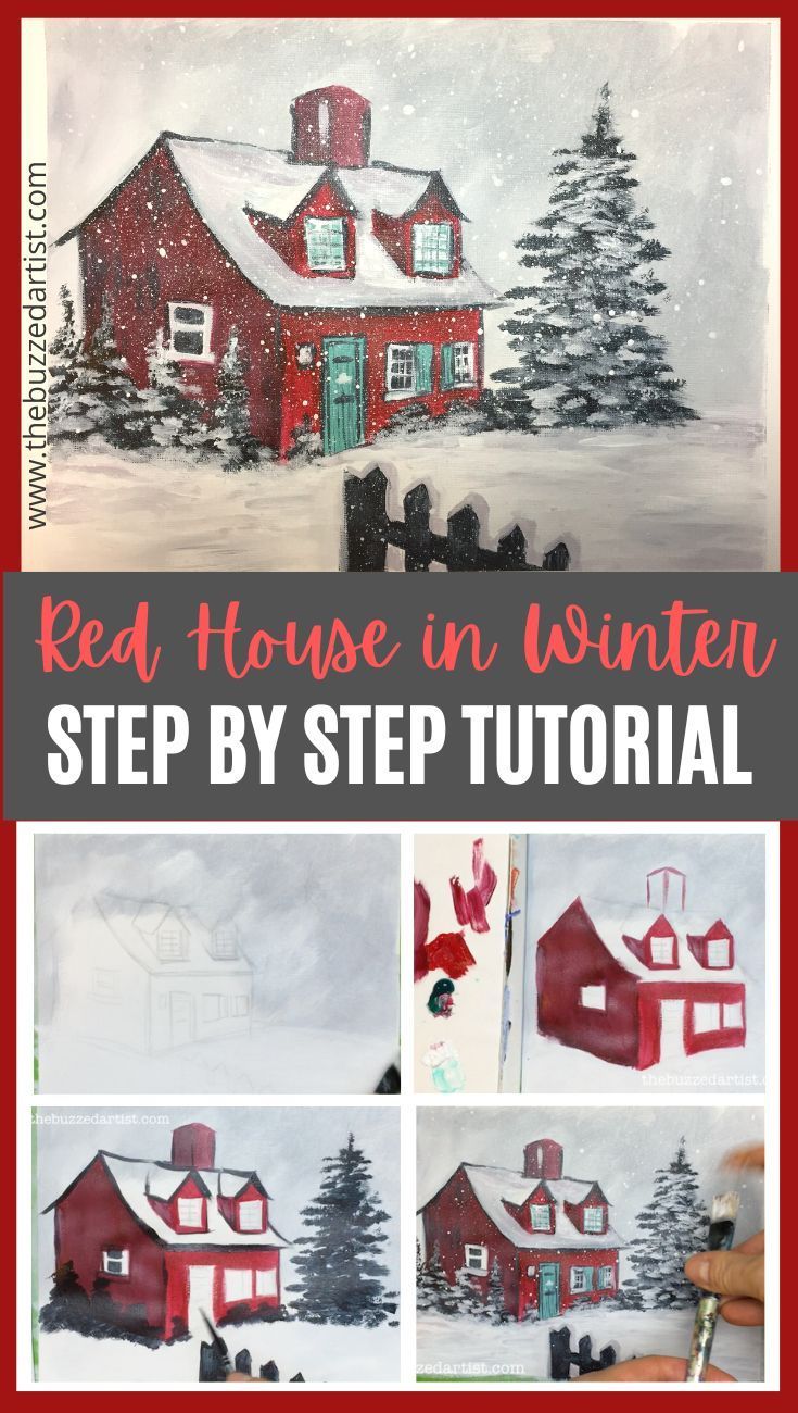 red house in winter step by step drawing