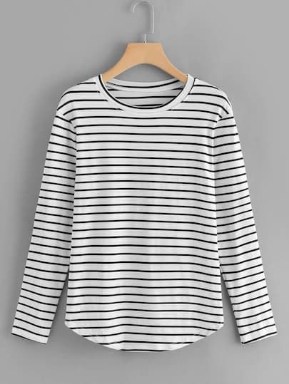 PIN-US-CheapClothing-20171211-Y-D7 | SHEIN Striped Tshirt, House Move, Outfit Mujer, Elbow Patch, Striped Long Sleeve Tee, Latest T Shirt, Striped T Shirt, Long Tshirt, Dressing Room