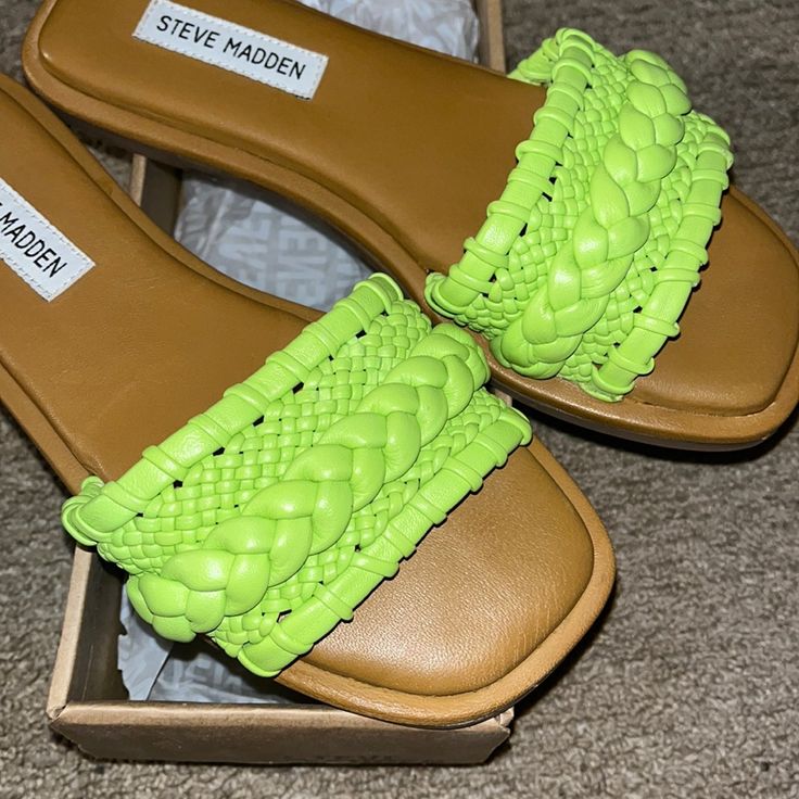 Cute Lime Green Sandals, Brand New Never Worn. Synthetic Slip-on Sandals For Summer Outings, Green Open Toe Sandals With Woven Sole, Green Flat Sandals With Woven Sole, Spring Green Sandals With Woven Sole, Green Open Toe Synthetic Sandals, Trendy Closed Toe Synthetic Sandals, Trendy Round Toe Sandals For Day Out, Trendy Closed Toe Slides For Spring, Trendy Green Flats For Spring