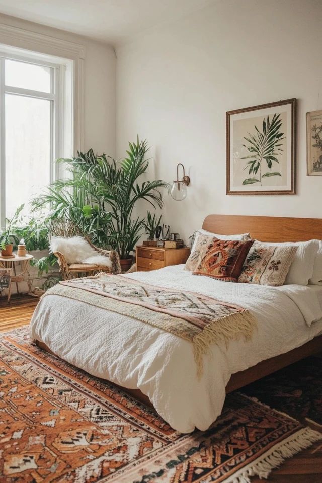 a bedroom with a large bed and lots of plants