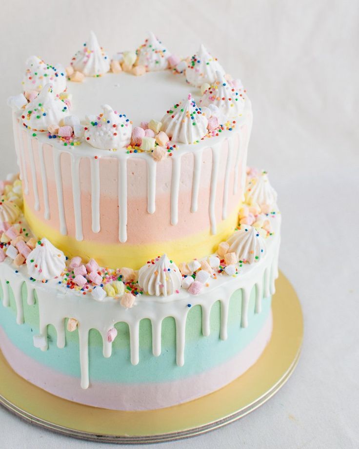 a multi layer cake with sprinkles and icing