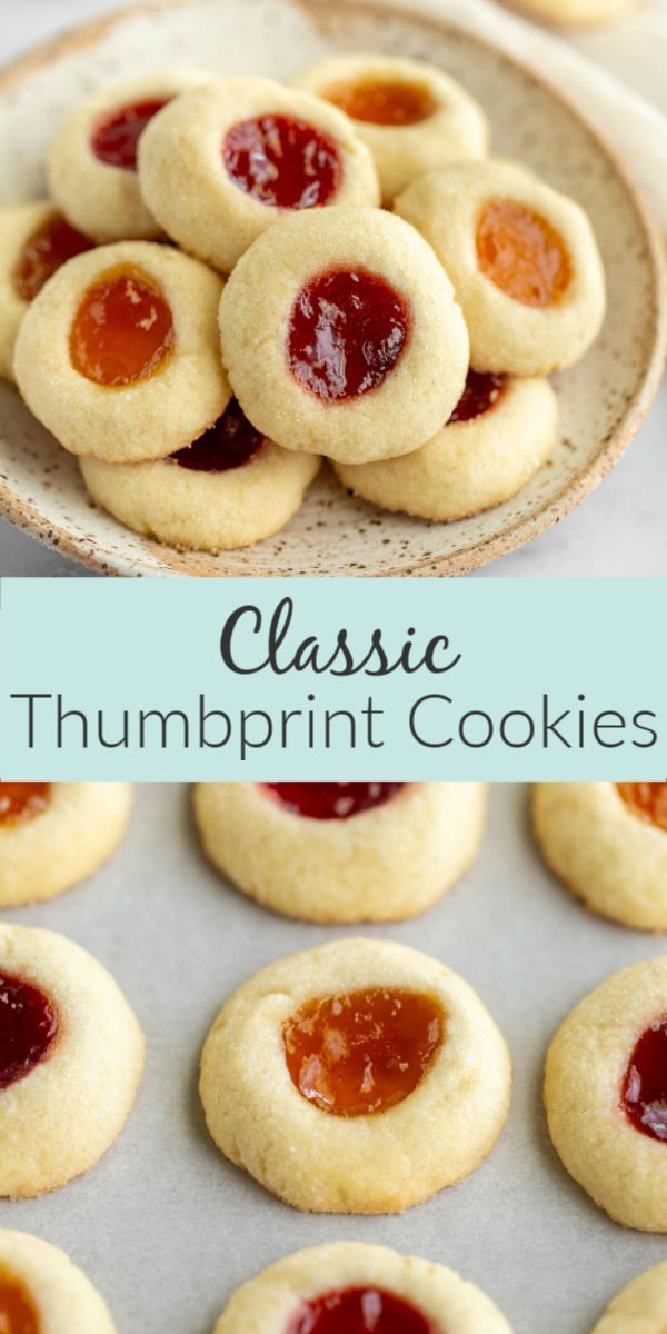 some cookies with jelly on them and the words classic thumbprint cookies