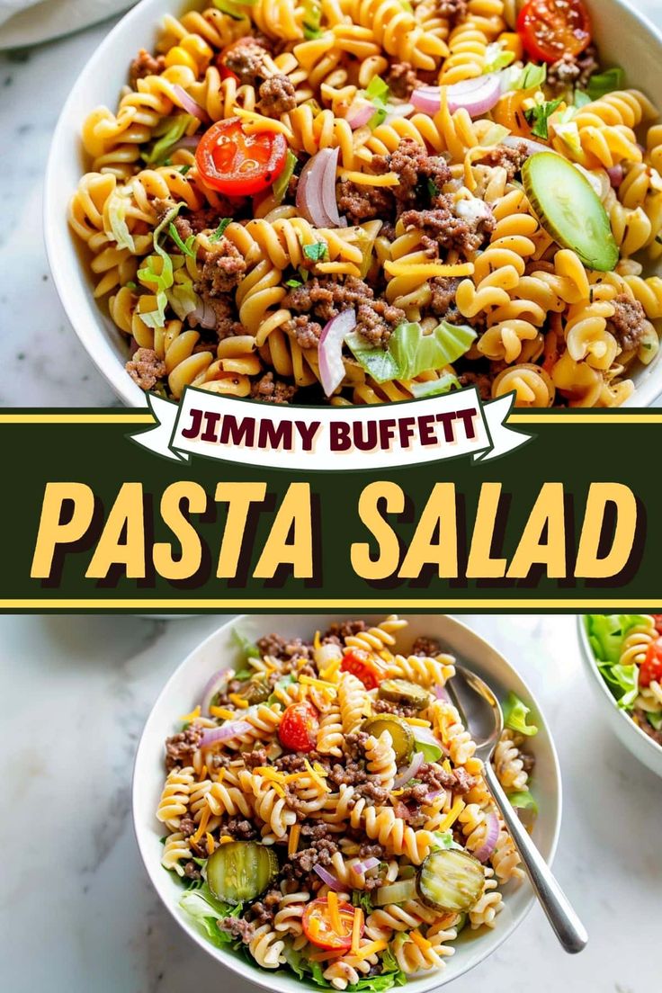 two bowls filled with pasta salad and the words jimmy buffet pasta salad on top of them