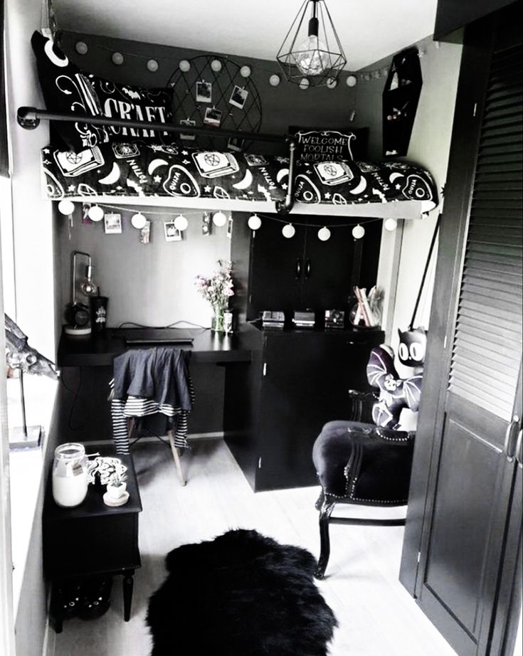 a black and white room with lots of decorations