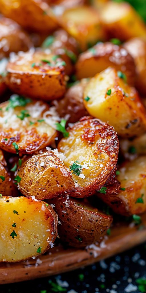 potatoes with parmesan cheese and herbs on a wooden plate, ready to be eaten