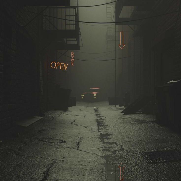 a dark alley with neon signs on the sides and an open sign in the middle