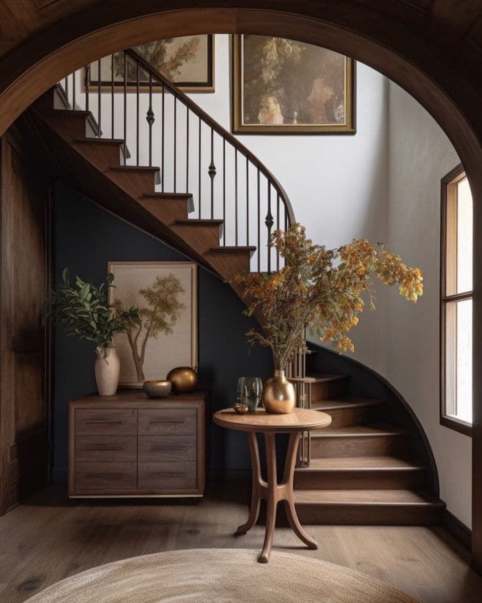 an entry way with stairs and vases on the table in front of it, surrounded by framed pictures