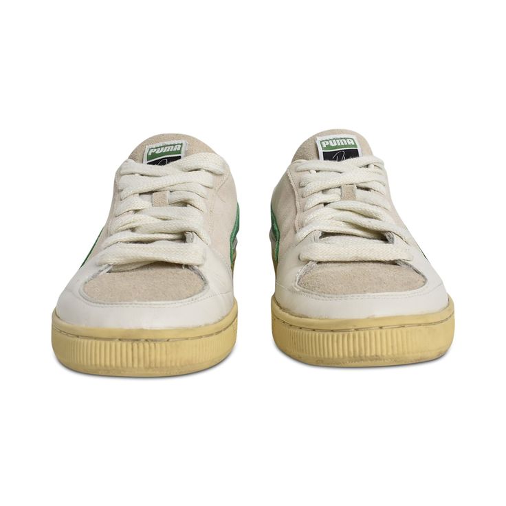 Puma 'Rhuigi' low top sneakers in beige canvas with green suede and leather. Features lace up closure, yellow sole and brown back suede heel. Brand = Puma Condition = 7.5/10, Size = 7/10, good Material = Leather/Suede Condition = 18247-2 Green Suede Skate Shoes With Gum Sole, Green Lace-up Skate Shoes With Gum Sole, Green Suede Lace-up Skate Shoes, Green Suede Lace-up Sneakers, Green Suede Skate Shoes With Round Toe, Green Suede Round Toe Skate Shoes, Green Canvas Sneakers With Contrast Sole, Green Suede Skate Shoes For Streetwear, Green Canvas Lace-up Skate Shoes