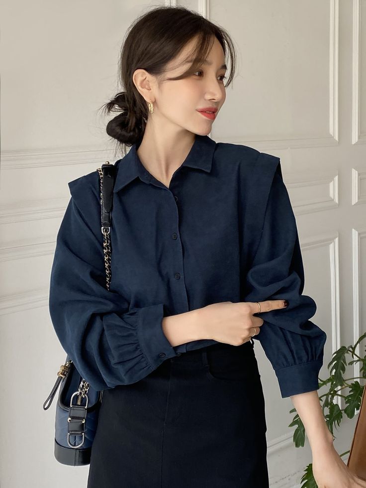 DAZY Bishop Sleeve Button Up Blouse How To Style Blue Shirt Women, Navy Blue Style Womens Fashion, Button Up Shirt Layering, Modest Blouses For Women, Ootd Kemeja Navy, Navy Blue Tops For Women, Navy Blouse Outfit Work, Navy Button Up, Navy Blue Womens Outfits