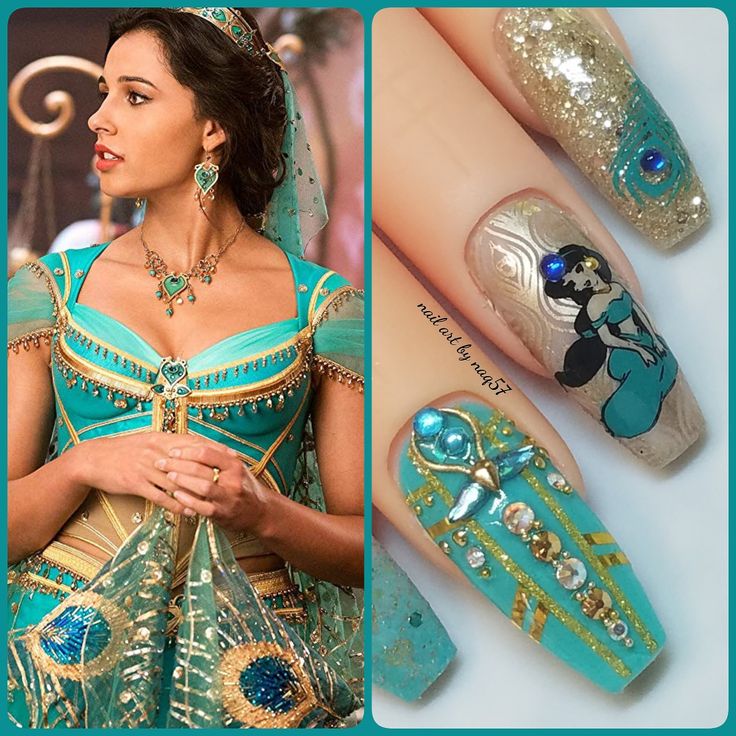 6.4.2019 Aladdin Jasmine nails Aladdin Nails Acrylic, Aladdin Inspired Nails, Jasmine Nails Disney, Aladdin Nail Art, Aladin Nails, Princess Jasmine Nails, Elves Makeup, Aladdin Nails, Aladin Disney