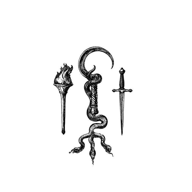 an ink drawing of two swords and a snake