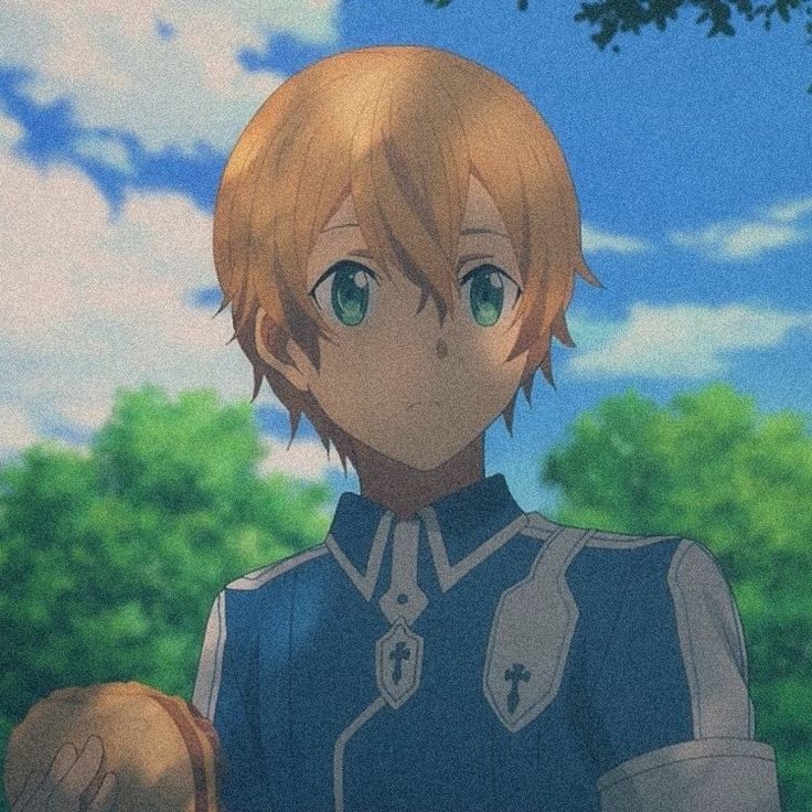 an anime character with blonde hair and green eyes standing in front of trees, looking at the camera