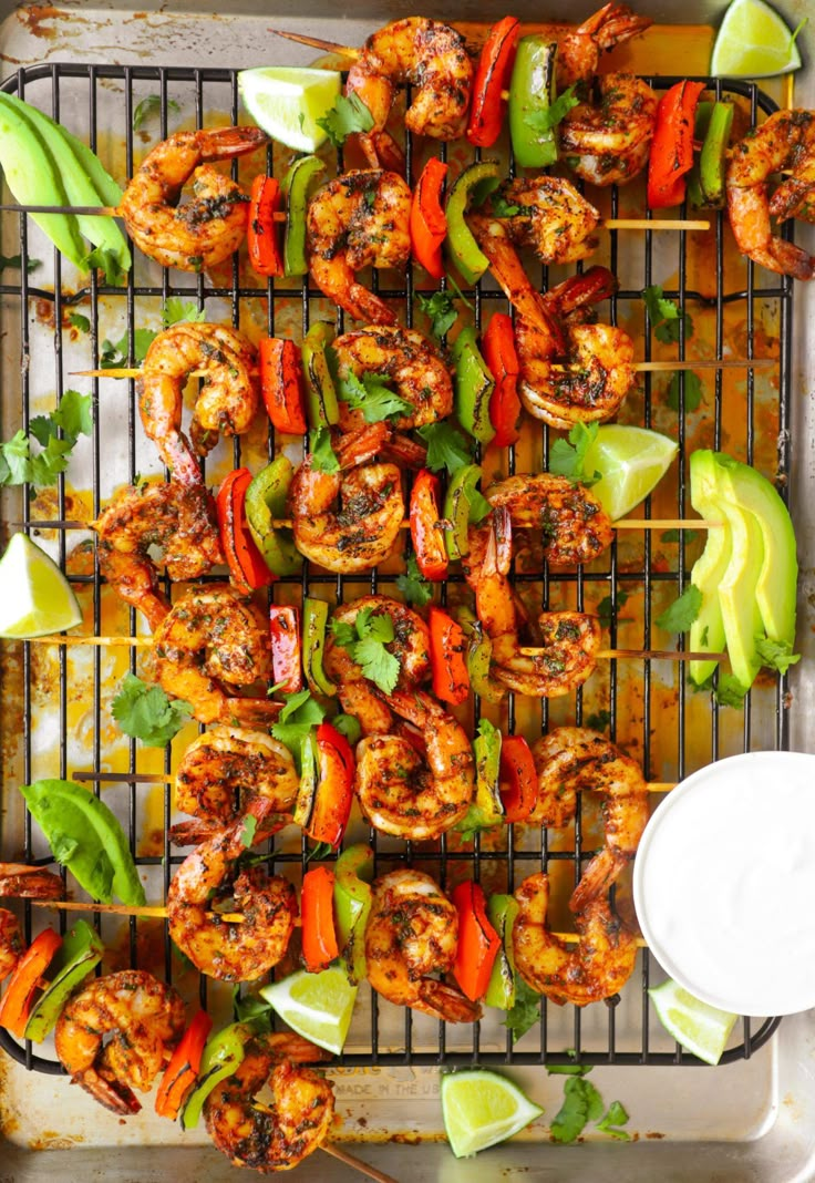 grilled shrimp skewers with peppers, limes and cilantro sauce