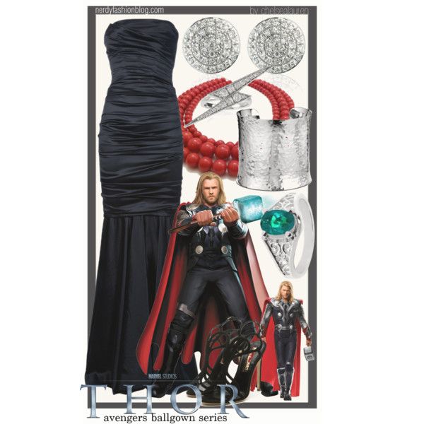 the avengers costume is being displayed in front of an image of thor and his women