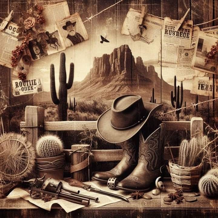 an old western scene with cowboy boots, hats and other items