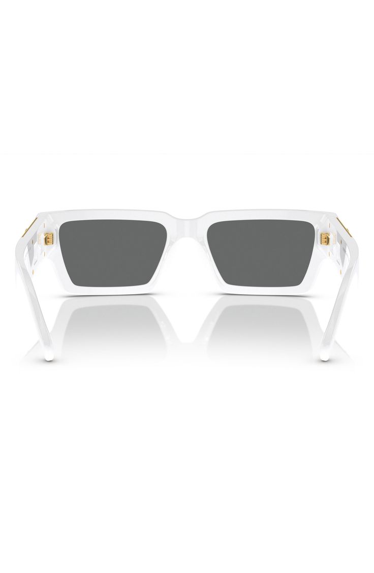 Polished Medusa hardware adorns the wide temples on Italian-made sunglasses styled in a wide rectangular silhouette. 54mm lens width; 18mm bridge width; 140mm temple length 100% UV protection Prescription-compatible Acetate Made in Italy Rectangular Tinted Sunglasses In Optic White, Rectangular Glass Sunglasses With Polarized Lenses, Rectangular Sunglasses With Polarized Glass Lenses, Luxury Clear Rectangular Sunglasses, White Rectangular Shield Sunglasses With Gradient Lenses, Rectangular Clear Sunglasses With Uva Protection, Clear Rectangular Sunglasses With Uva Protection, Luxury Rectangular Glass Sunglasses, White Rectangular Shield Sunglasses With Tinted Lenses