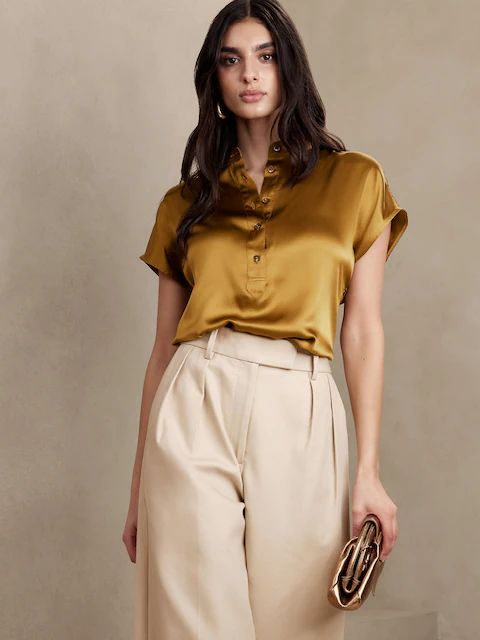 Women’s Tops – Blouses & Shirts | Banana Republic Dried Yarrow, Silk Shirt Outfit, Silk Tunic, Silk Charmeuse, Blouse Outfit, Tunic Shirt, Silk Shirt, Silk Top, Dolman Sleeve