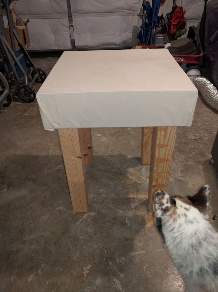 a dog standing next to a wooden table with a sheet on it's top