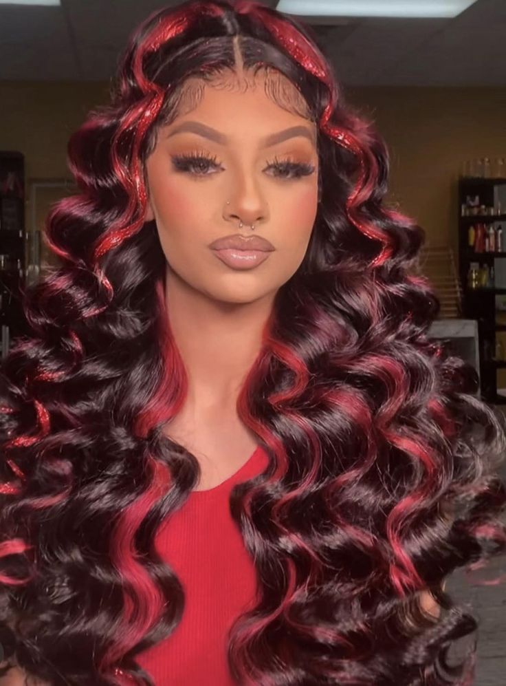 Black Hair With Red Highlights, Red Hair Tips, Lace Front Body Wave, Colorful Wig, Black Red Hair, Beauty Hair Color, Textured Curly Hair, Black Ponytail Hairstyles, Remy Hair Wigs