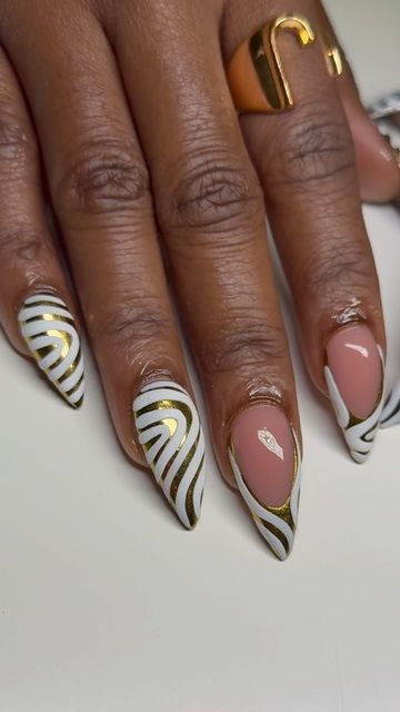 Annick Nicole on Instagram: "Chrome 💫 . #glamdbyannick #blacknailtech #explore #explorepage #acrylicnails #bombnails #longnails #houstonnails  #htxnails #htxnailtech #handpaintednails #miaminails #abstractnails #thingstodoinhouston #houstonhotspots #nails2inspire #nailsofinstagram #nailsonfleek #nails" Soul Train Nails, Short Curved Nail Designs, Chrome Abstract Nails Designs, Chrome Nails On Black Women, One Nail Design, 90s Nails Acrylic Black Women Designs, Gold Freaknik Nails, 70s Nails, Almond Acrylic Nails Designs