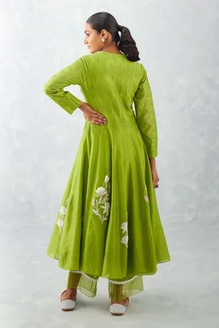 Shop for Devnaagri Green Chanderi Ikat Print Anarkali Palazzo Set for Women Online at Aza Fashions अनारकली सूट, Anarkali Designs, Green Anarkali, Green Ikat, Embroidered Anarkali, Pearl Details, Palazzo Set, Kurti Designs Party Wear, Party Wear Indian Dresses