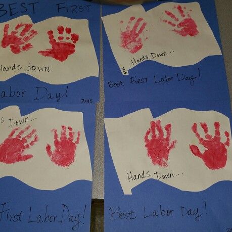 four handprints on blue paper with red and white writing that says best labor day