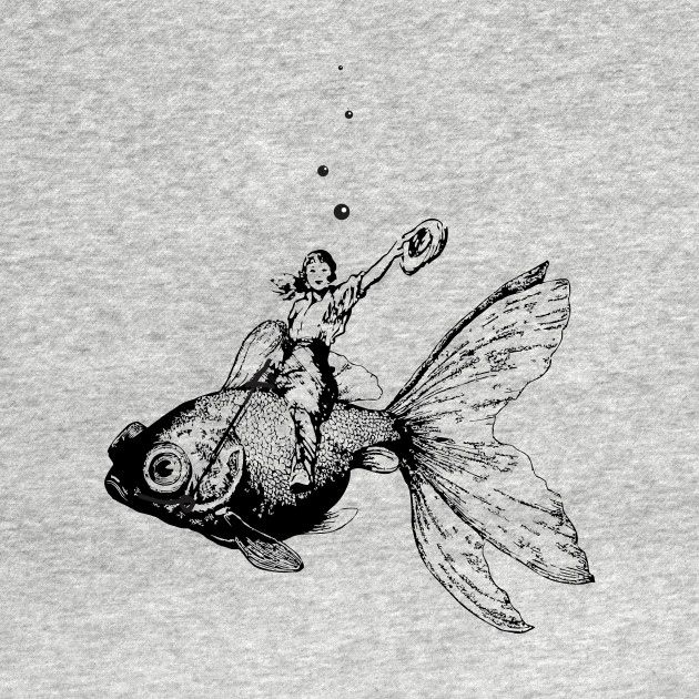 a black and white drawing of a woman riding on a fish with bubbles in the air